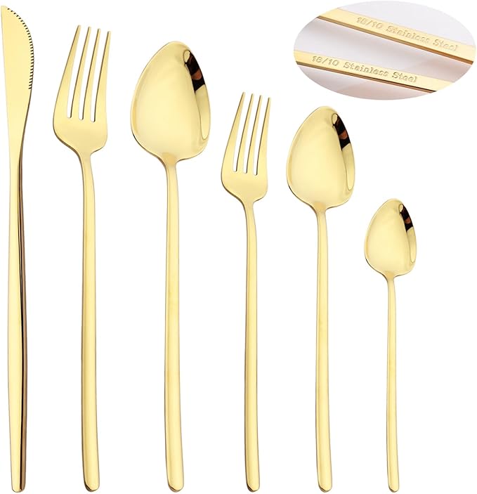 36-piece Champagne Gold 18/10 Stainless Steel Flatware Set, Resuable Cutlery Set For 6, Complete Tableware Set For Home Restaurant Wedding Party Daily Meal, Mirror