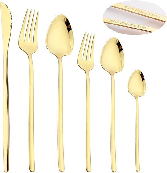 36-piece Champagne Gold 18/10 Stainless Steel Flatware Set, Resuable Cutlery Set For 6, Complete Tableware Set For Home Restaurant Wedding Party Daily Meal, Mirror