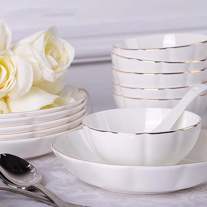 56 Pieces Dinnerware Set for 12 People, Porcelain Bone China Kitchen Dinning White Round Dinner Tableware Combination Set with Cereal Bowls Dessert Plates Dishes and Soup Pot,