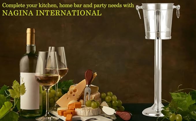 Vertical Striped Nickel Plated Majestic Wine & Ice Bucket with Steel Bucket Stand | Wine Chiller On Stand Kitchenware Bar Ware | Beverage Barware Accessories