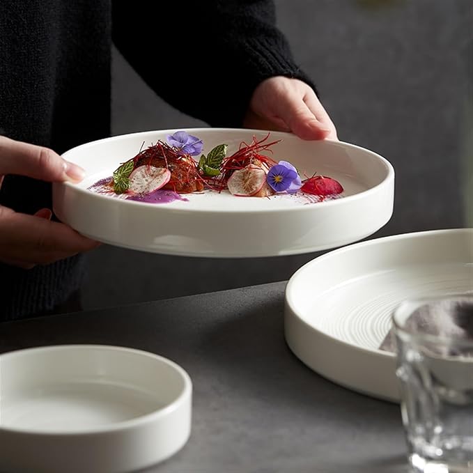 Kitchen Plates Ceramic Dinner Plate Home Kitchen Salad Plate Tableware Pure White Plate Round Simple Dessert Plate Flat Deep Plate Restaurant Plates(004)