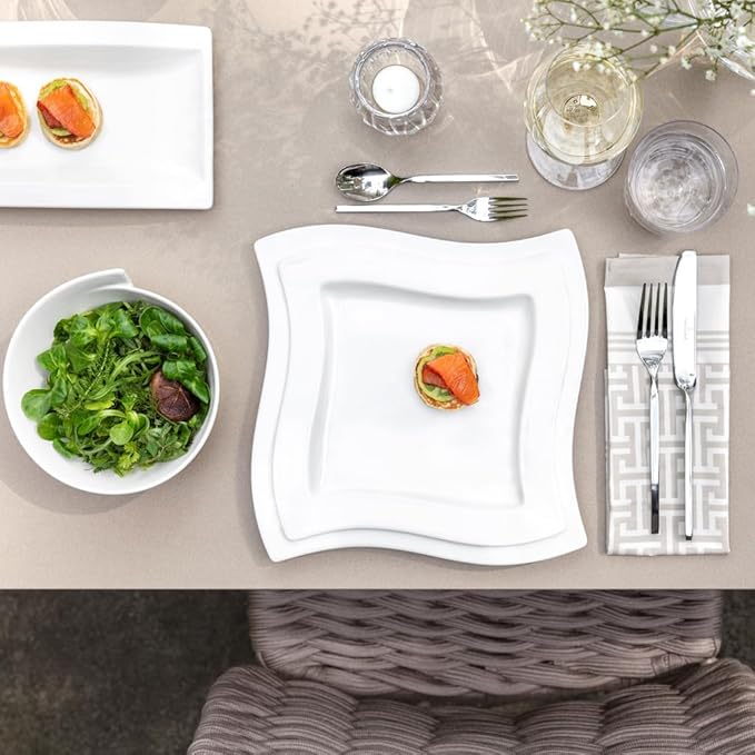 Villeroy & Boch New Wave 4-Piece Place Setting Dinner, Salad Plate, Bowl, and Mug – Premium Porcelain Dinnerware, White