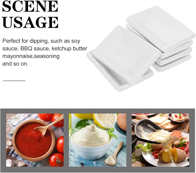 Cabilock 6Pcs Soy Sauce Dish - Ceramic Dipping Sauce Bowls, 3 Inch Rectangle Mini Appetizer Plates, White Pinch Bowls for Ketchup, Vinegar, BBQ, Sushi, Dumpling