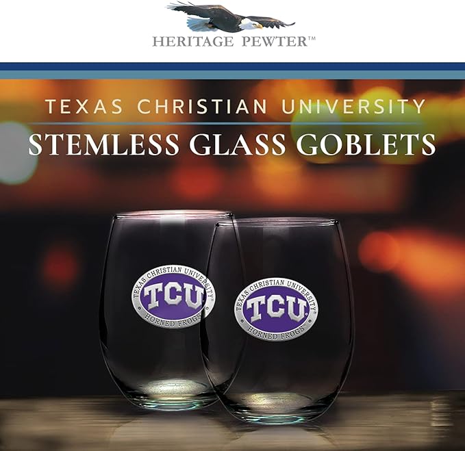 Heritage Pewter TCU Horned Frogs Stemless Glass Goblets – Set of 2 | 15 OZ Goblet Wine Glasses | Expertly Crafted Pewter Glass
