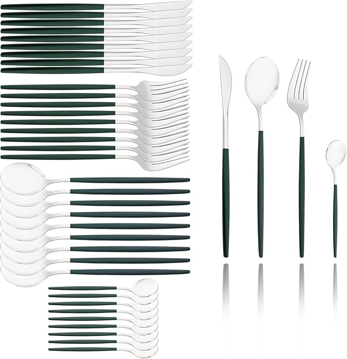 40 Pcs Silverware Set With Teaspoon For 10, Food Grade Stainless Steel Utensils Tableware Set, Elegant & Simple Flatware Serving Set Include Knife Fork Spoon, Mirror (Green Silver)