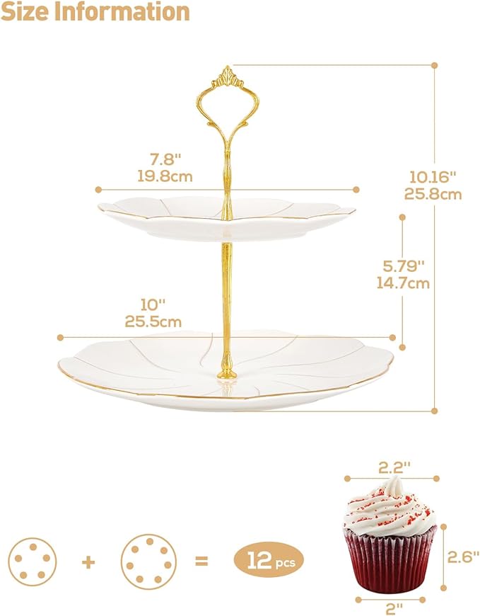 DUJUST Luxury Porcelain 2-Tier Cupcake Stand Tower, British Style Serving Tray with Golden Trim, Food Grade Dessert Display Stand, Beautiful Gift for Tea Party & Home Décor