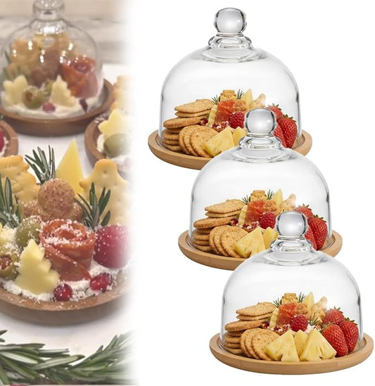 Charcuterie Snow Globe Container, Individual Snow Globe Charcuterie Board, Mini Wood Cake Stand with Dome Lid for Cookie, Pastries, Cupcake, Suit for Outdoor Snack Packing Open Houses Gatherings(3pcs)