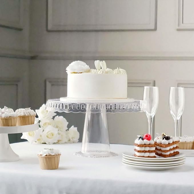 Efavormart 4 Pack | 13" Clear Round Pedestal Footed Reusable Plastic Cupcake Stands with Interchangeable Ribbon Trim Edge