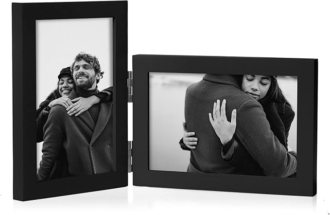 4x6 Double Hinged Picture Frame Folding Photo Frame Vertical and Horizontal in Black Pine Wood with Real Glass for Tabletop P-HEI-SH46