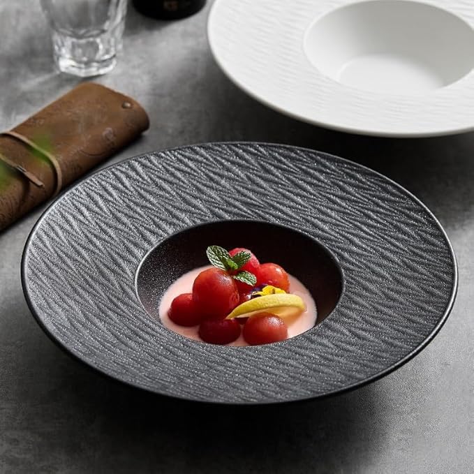 Dinner Plates 9.75-inch White And Black Straw Hat Plate Appetizer Household Deep Soup Ceramic Western Salad Pasta Japanese Kitchen Salad Bowl(B)