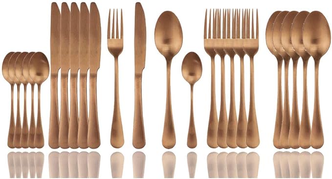 JASHII 24 Pieces 304 Stainless Steel Rose Cutlery Set Home Kitchen Silverware Set, Matte, Knife/Fork/Spoon, Modern Elegant Silverware Set for Party, Christmas (Rose full)