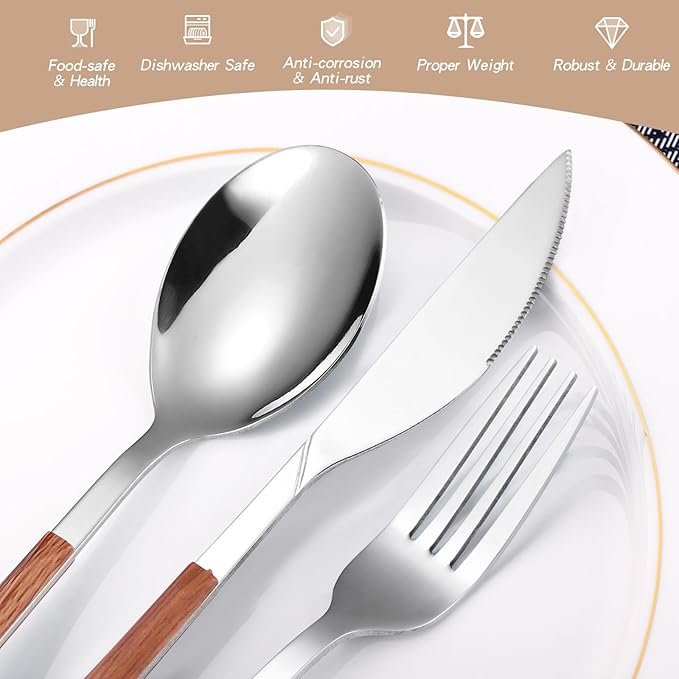 Silverware Set, 20 Piece Mirror Flatware Set Stainless Steel Eating Utensils With Wooden Effect Handle, A Complete Tableware Cutlery For Most Families,Knife Fork Spoon Service For 4 Dishwasher Safe