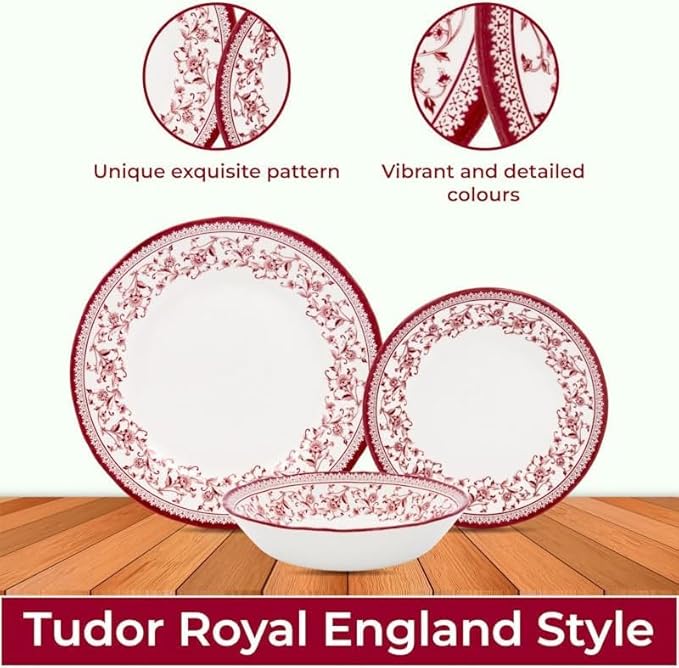 Tudor Royal Collection 16 Piece Round Dinnerware Set, Service for 4, Aster Pink Design, Red Floral, Plates Bowls Dishes, High Gloss Premium Quality