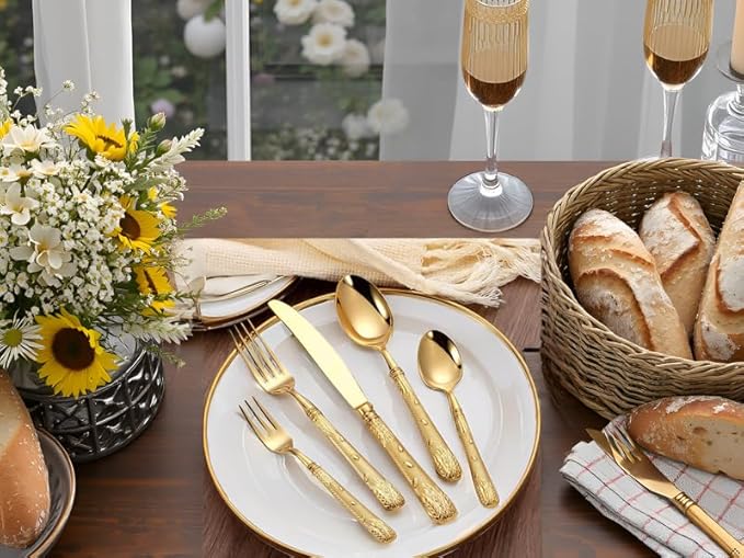 Luxury 20-Piece Wheat Ear Design Silverware Set, Premium 18/10 Stainless Steel Flatware, Serving 4. (Gold)