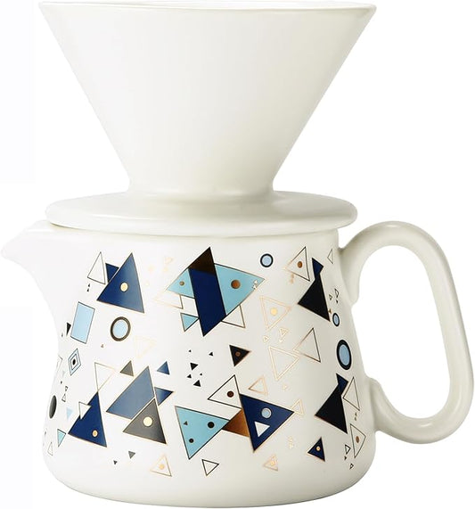 Pour Over Coffee Maker, Ceramic Coffee dripper with 100 pcs V60 Paper Filter, Ceramic coffee Server with Lid, 15.5oz/450 ml, Suitable for 1-2 people (White A)