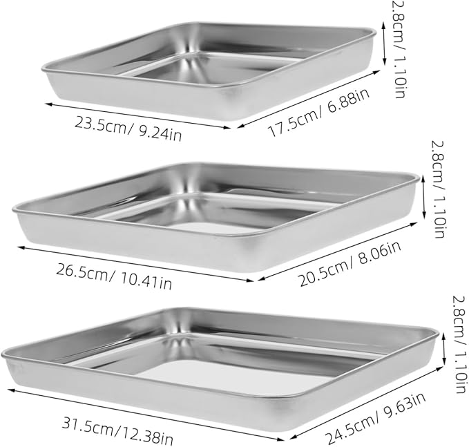3-Piece Stainless Steel Serving Tray Set Rectangular Baking Cooling Grilling Plates for Home Use Sturdy Food Storage Trays for Fruits and Snacks