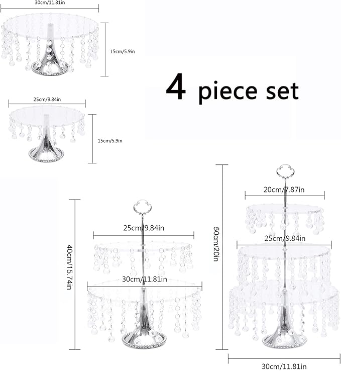 4 Pcs Acrylic Cake Stands 12 Inch with Crystal Bling Pendants, Dessert Cupcake Display Metal Stand for Christmas New Year Wedding, Event, Birthday Party