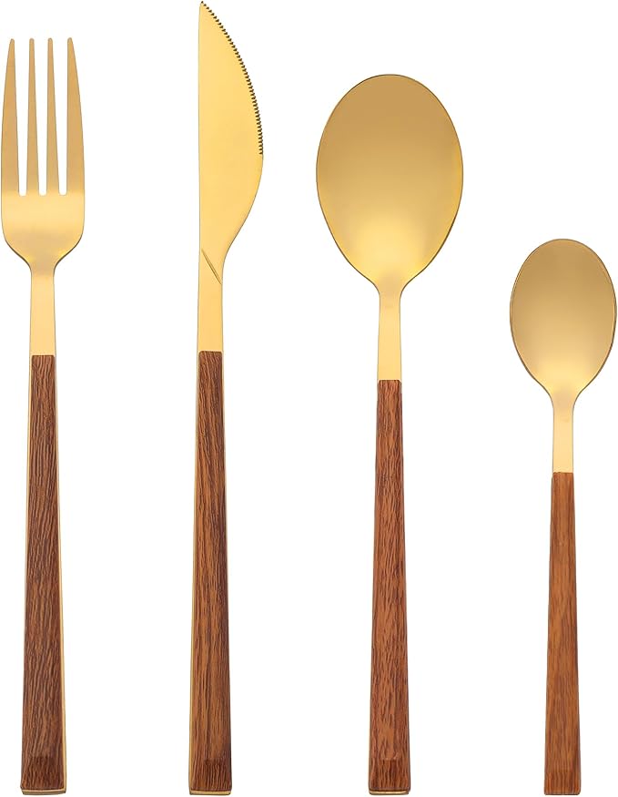 4 Piece Silverware Set, Stainless Steel Flatware, Mirror Polished Cutlery Set with Knife, Serving Utensils Set for Kitchen Eat 4 PCS Gold