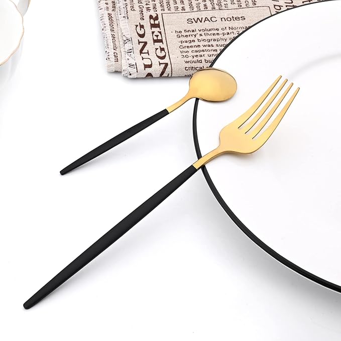 8-Piece Picnic Tableware Set, Mirror 18/0 Stainless Steel Couple Cutlery Set Include Knife, Fork, Spoon, Coffee Spoon, Metal Daily Basic & Classic Utensils For 2 People, Black Gold