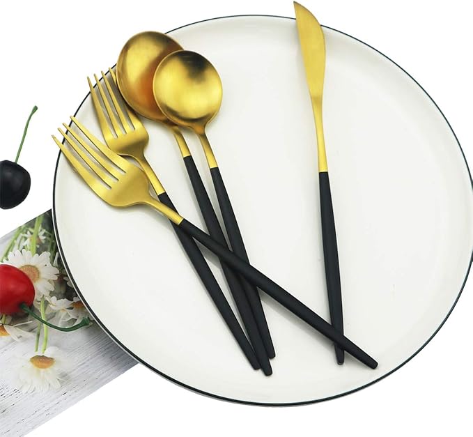 60-Piece Modern Matte Silverware Set, Uniturcky 304 Stainless Steel Flatware Cutlery Set, Elegant Kitchen Utensils Service For 12, Includes Dinner Knives/Spoons/Forks,Black Gold Satin Finish