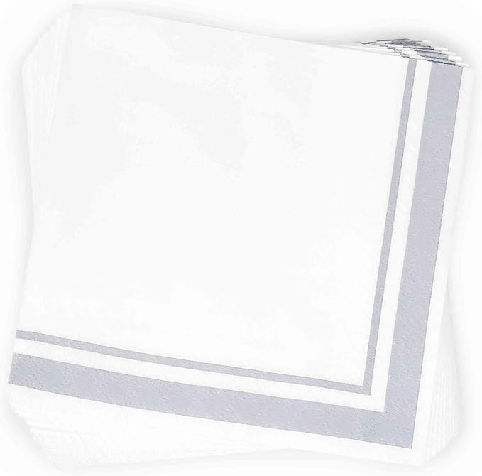 Gift Boutique Gray and White Cocktail Napkins – 120 Pack 5 x 5 Inch 3-Ply Disposable Lined Beverage Napkins for Parties, Weddings, Anniversaries, Events, and Special Occasions