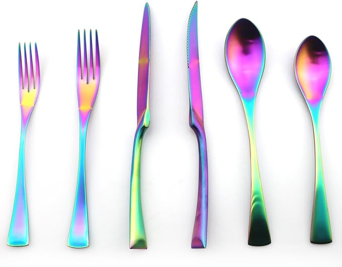 JASHII 18/10 Stainless Steel 8 Piece Matte Finish Rainbow Serrated Steak Knife Colorful Serving Black Utensil Set