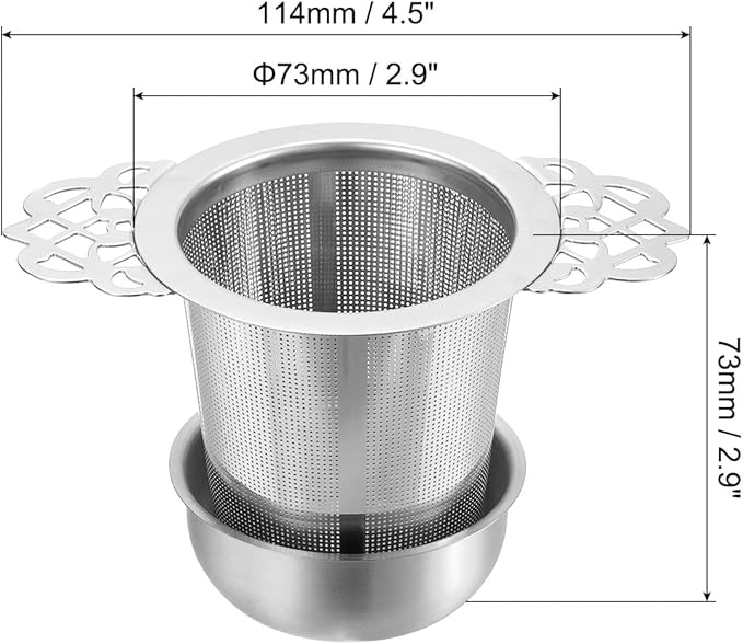 uxcell 1 Pcs Tea Infuser Filter with Handle, Drip Bowl, Fine Mesh Loose Tea Steeper, Stainless Steel Tea Strainer for Brew Loose Leaf Tea, Silver