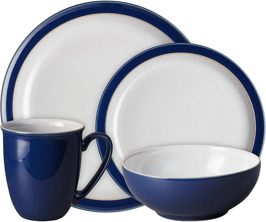 Denby - Elements Dark Blue Dinner Set For 1-4 Piece Ceramic Tableware - Dishwasher Microwave Safe Crockery Single Place Setting - 1 x Dinner Plate, 1 x Small Plate, 1 x Cereal Bowl, 1 x Coffee Mug