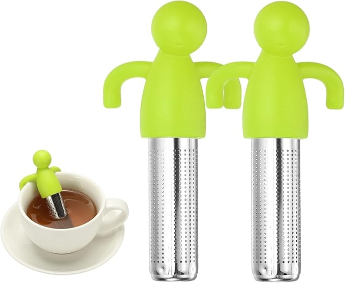 uxcell 2 Pcs Cute Tea Infuser, Stainless Steel Loose Leaf Tea Steeper Filter with Silicone Handle Reusable Coarse Pores Mesh Strainer Diffuser for Teacups Teapots Mugs, Light Green