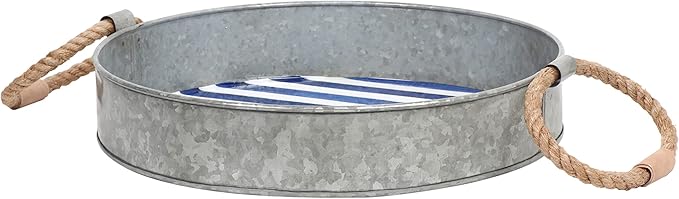 Round Serving Tray – Santorini Collection Set of 2 Decorative Trays – Blue and White Ottoman Tray with Natural Jute Handles – Galvanized Iron Trays for Coffee Table, Liquor Display, Decor
