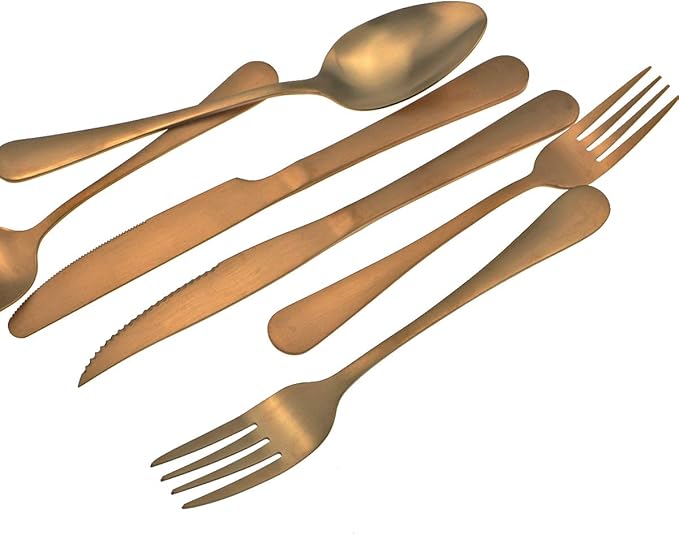 Gugrida 24-Piece Titanium Rose Gold Plated Stainless Steel Flatware Set, Travel Cutlery Include Knife Fork Spoon Service for 4,Healthy & Eco-Friendly Silverware - Matte Elegant Modern Eating Utensils