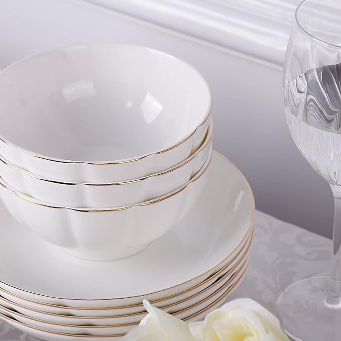 56 Pieces Dinnerware Set for 12 People, Porcelain Bone China Kitchen Dinning White Round Dinner Tableware Combination Set with Cereal Bowls Dessert Plates Dishes and Soup Pot,