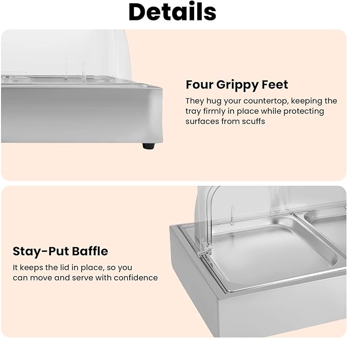 Ice Food Serving Display Tray, 3L 2 Pan Spice Display Salad Dressing Cooler Food Dishes Display Plate Case w/Clear Roll Top Cover for Outdoor Buffets Parties & Restaurant (Silver)