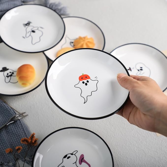 SOCOSY Cute Cartoon Ghost Seasoning Dishes Sauce Dishes Sushi Dipping Bowls Appetizer Plates Little Cat Feeding Plates, Serving Dish for Home Kitchen Restaurant Halloween-Ghost-5 Inch