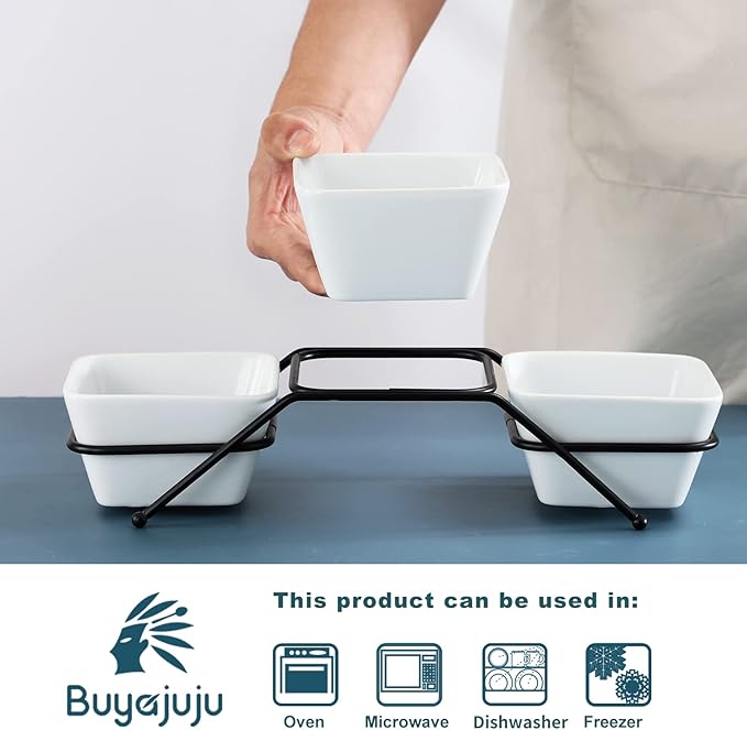 3 pcs square bowl Porcelain Chip & Dip Serving Set with Black Metal Stand, 4.5inch White Small Serving Bowls for Side Dishes, Salsa, Appetizer, Serving Dishes for Entertaining 11.5 OZ