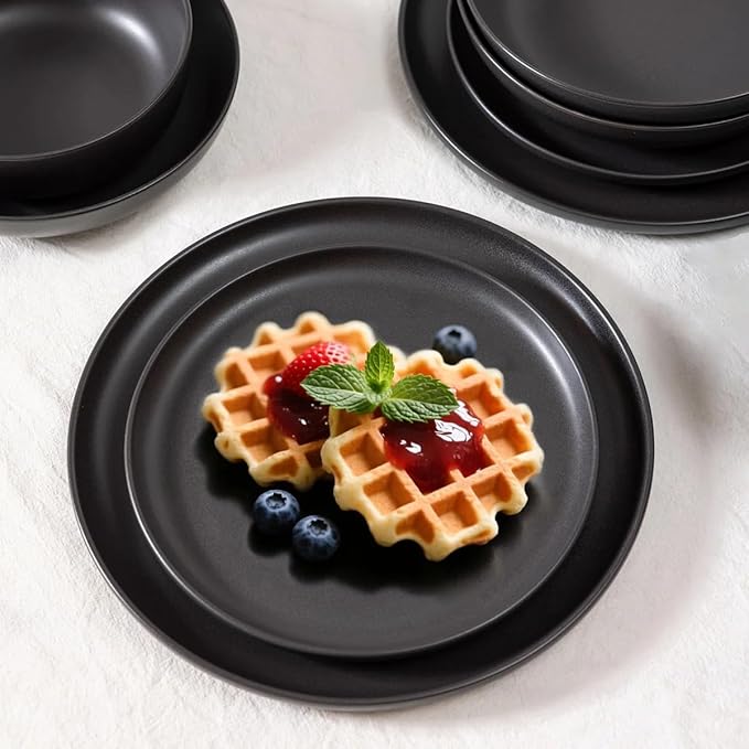 Stoneware Dinnerware Set, 16 Piece Plates and Bowls Set for 4, Microwave and Dishwasher Safe Tableware (black)
