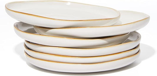 8 Inch Salad Plates Set of 6, Dessert & Side Plates with Wavy Rim-Stoneware, Dishwasher & Microwave Safe, Ceramic Plate Set, White