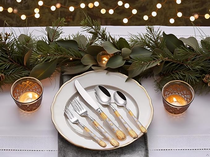 Luxury 20-Piece Wheat Ear Design Silverware Set, Premium 18/10 Stainless Steel Flatware, Serving 4. (Gold & Silver)