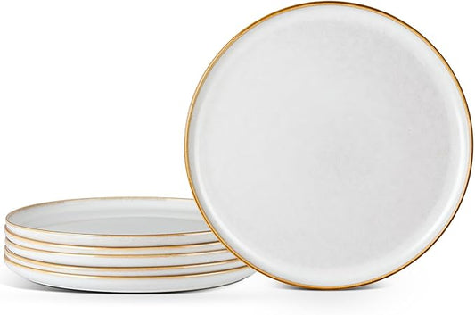 E-far 10.5” Ceramic Dinner Plates Set of 6, Large Reactive Glaze Stoneware Dishes, Round Salad Plate for Home Kitchen Restaurant, Microwave & Dishwasher Safe – Seashell White
