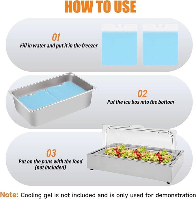 Ice Tray Chafing Dishes for Buffet Stainless Steel Ice Food Serving Display Clear Cold Food Server with Roll Lid Cooling Plate for Dishes Fruit Party