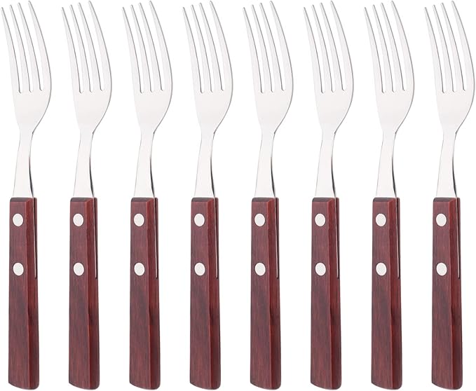 8-Piece Dinner Forks Set, 304 Stainless Steel Forks with Natural Wood Handle, Reddishbrown Wood Handle Flatware, 7.9 Inches Salad Forks