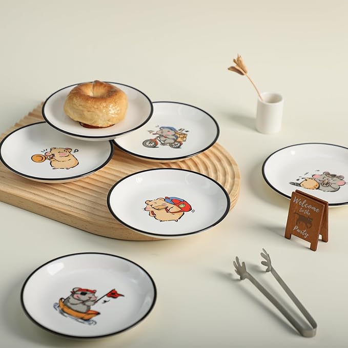 SOCOSY Super Cute Cartoon Animals Ceramic Sauce Dishes, Seasoning Dishes, Little Cat Dog Bird Feeding Bowls, Sushi Soy Dipping Bowls, Appetizer Plates, Dessert Plates-Busy Hamster-5 Inch
