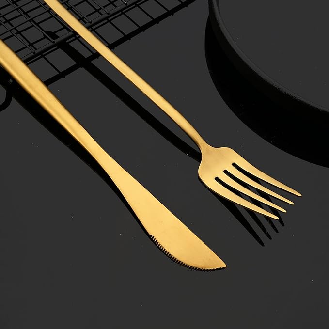 JASHII Modern Silverware Set - 20 Pieces Cutlery Set Matte Gold - Brushed 304 Stainless Steel Flatware Set - Narrow and Long Handle - for Home Dinner and Restaurant