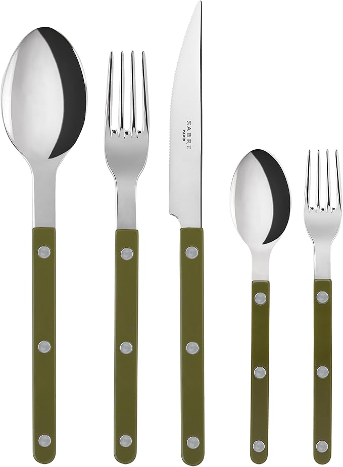 SABRE PARIS - 20-Piece Flatware Set for 4 - Bistrot Collection - Knife, Fork, Soup Spoon, Teaspoon & Dessert Fork - Stainless Steel & Nylon - Dishwasher Safe - Green Fern - Shiny Finish