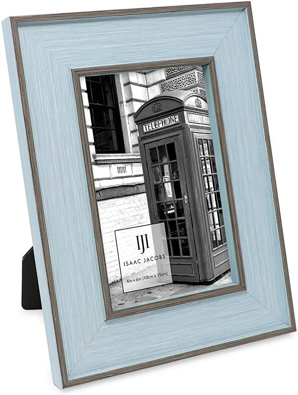 Isaac Jacobs 4x6 Blue w/Brown (Vertical & Horizontal) Double Border Picture Frame w/Black Fabric Easel, Wall-Mountable, Made for Tabletop & Gallery, Home or Office (4x6, Blue W/Brown)