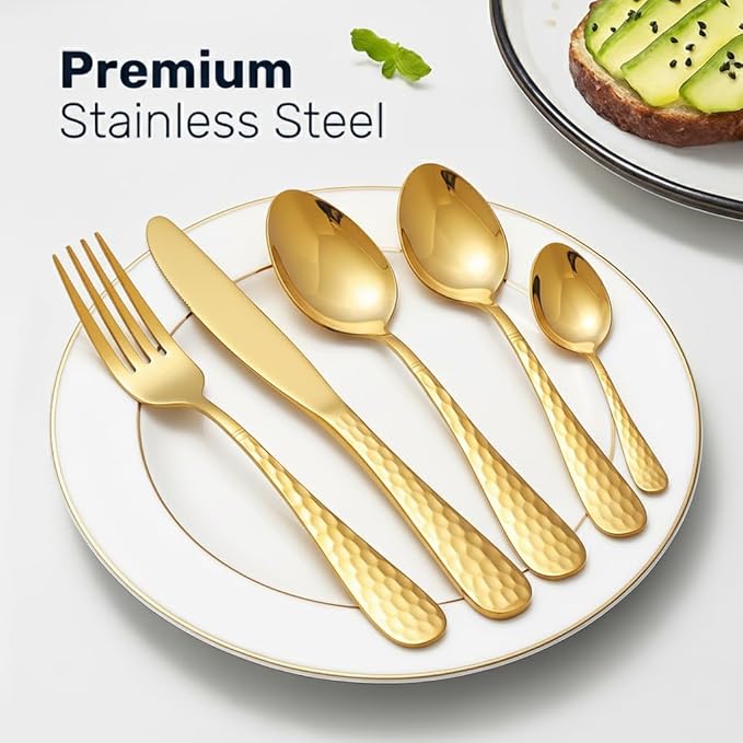 24-Piece Golden Silverware Set, Stainless Steel Cutlery Set with Knife Forks & Spoons, Flatware Set for Home and Kitchen Dining Table Set, Durable Utensils for New Home Essentials