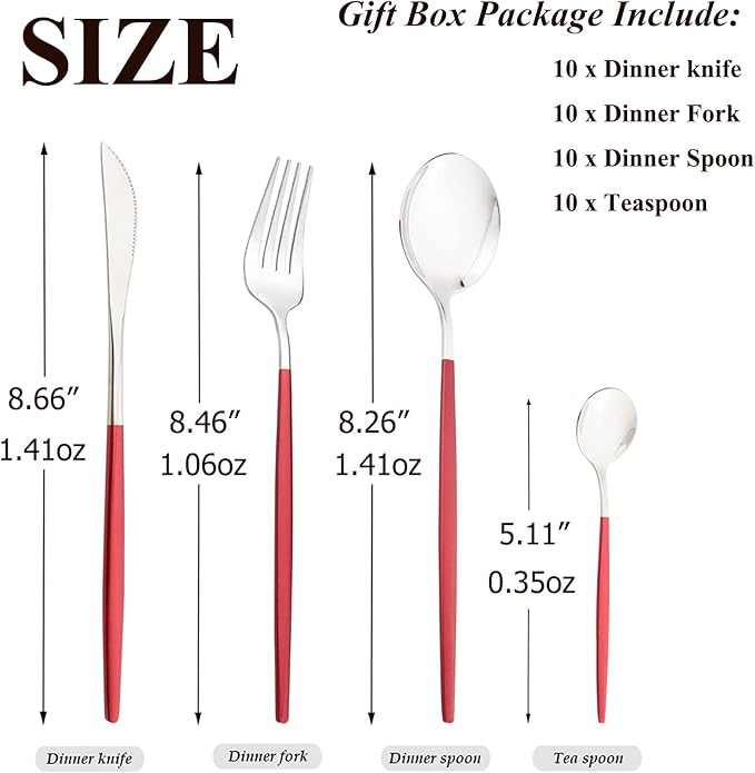 40 Pcs Silverware Set With Teaspoon For 10, Food Grade Stainless Steel Utensils Tableware Set, Elegant & Simple Flatware Serving Set Include Knife Fork Spoon, Mirror (Red Silver)