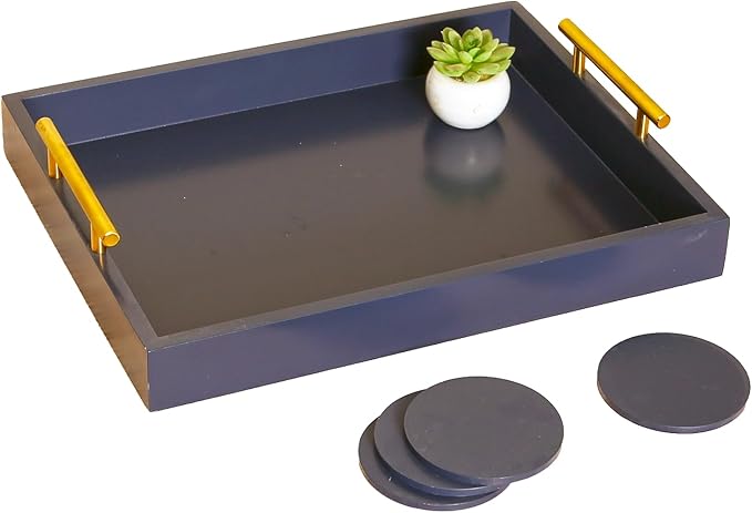 Decorative Tray with Polished Gold Metal Handles, Living Room Bathroom Coffee Bar Organizer Modern Tray for Decorative Accent Tray for Storage and Display (Sea Blue)