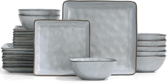 Famiware Dinnerware Sets for 8, Ocean Square 24-Piece Kitchen Plates and Bowls Sets, Microwave and Dishwasher Safe, Scratch Resistant, Grey