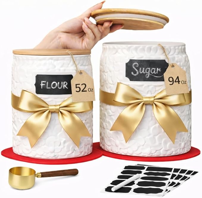 Decorative Ceramic Canister for the Kitchen Set of 2 (94oz/2779ml & 52oz/1537ml) – Airtight Flour Sugar Coffee Containers with Bamboo Lids, Large Kitchen Counter Storage Jars